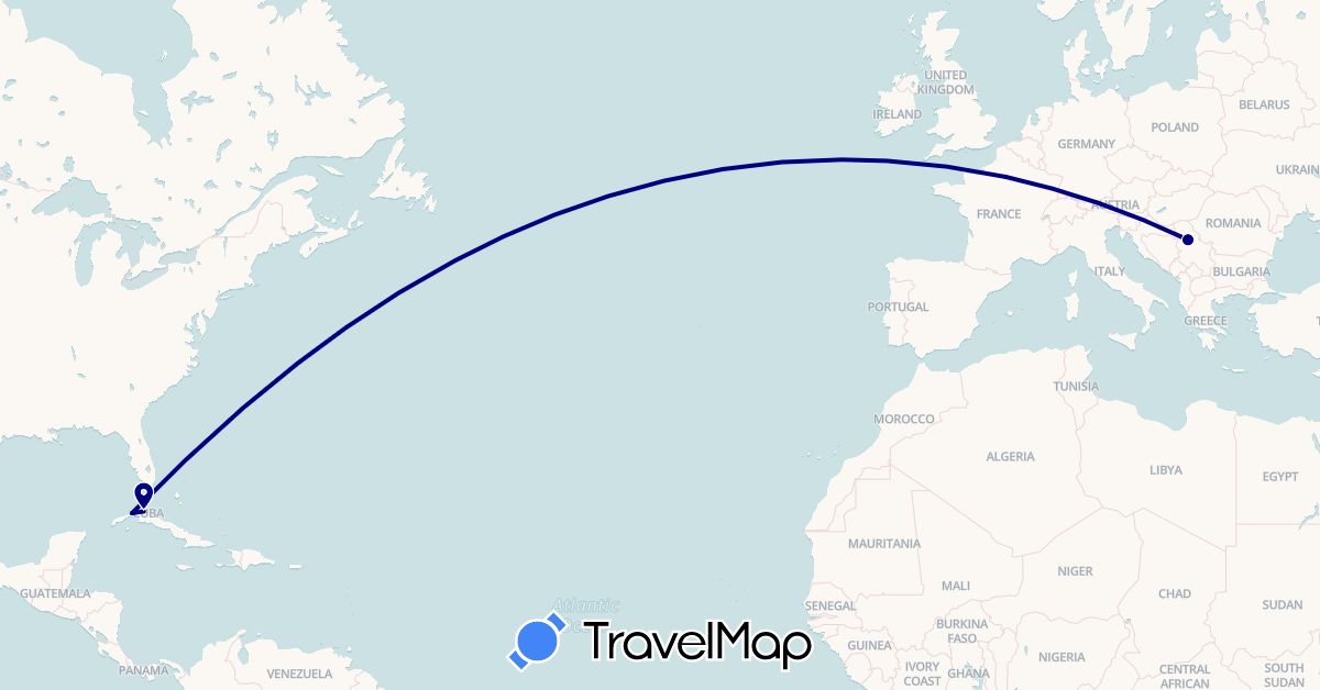 TravelMap itinerary: driving in Cuba, France, Serbia (Europe, North America)